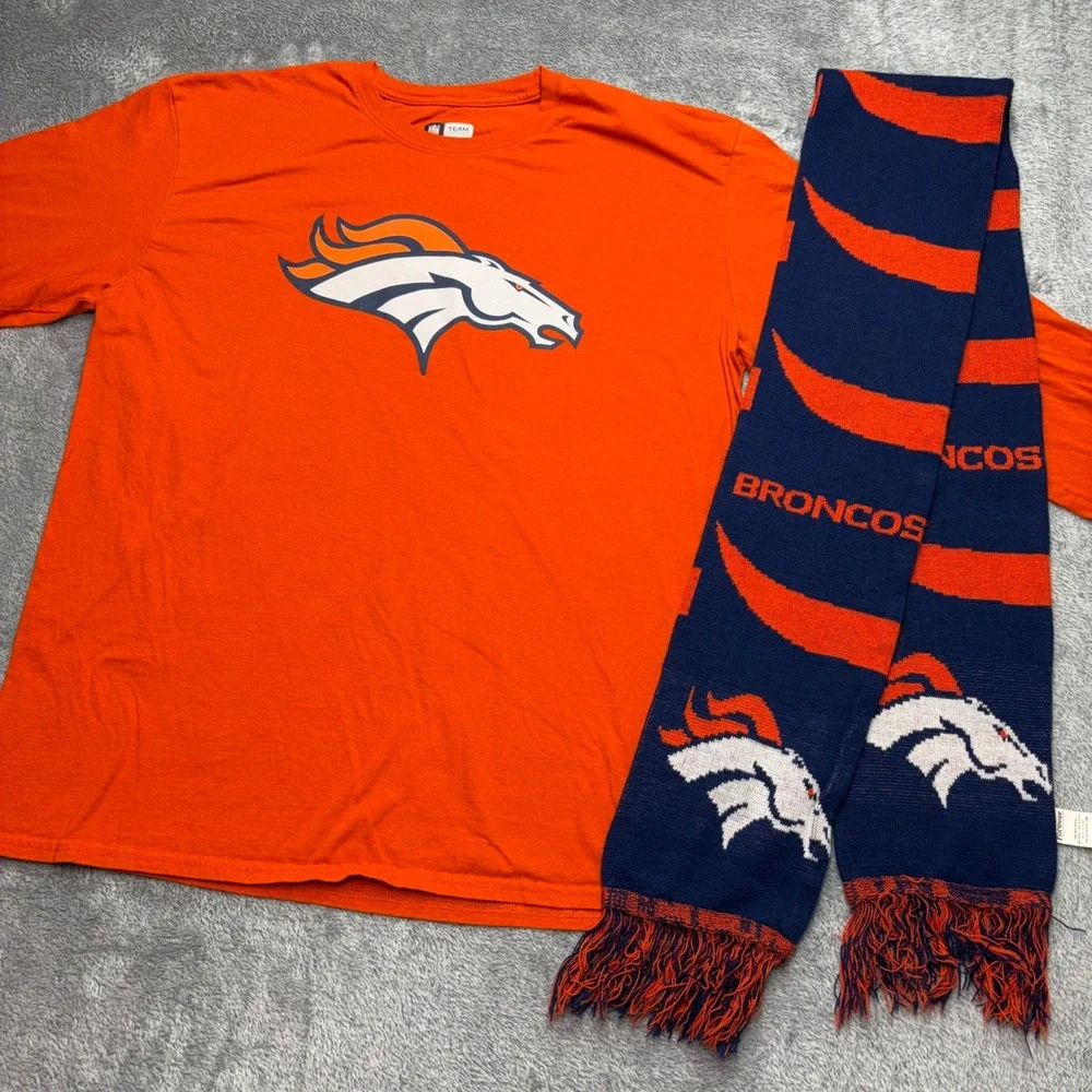 NFL Denver Broncos T-Shirt & Scarf Bundle Mens XL Orange Good Long Sleeve Knit